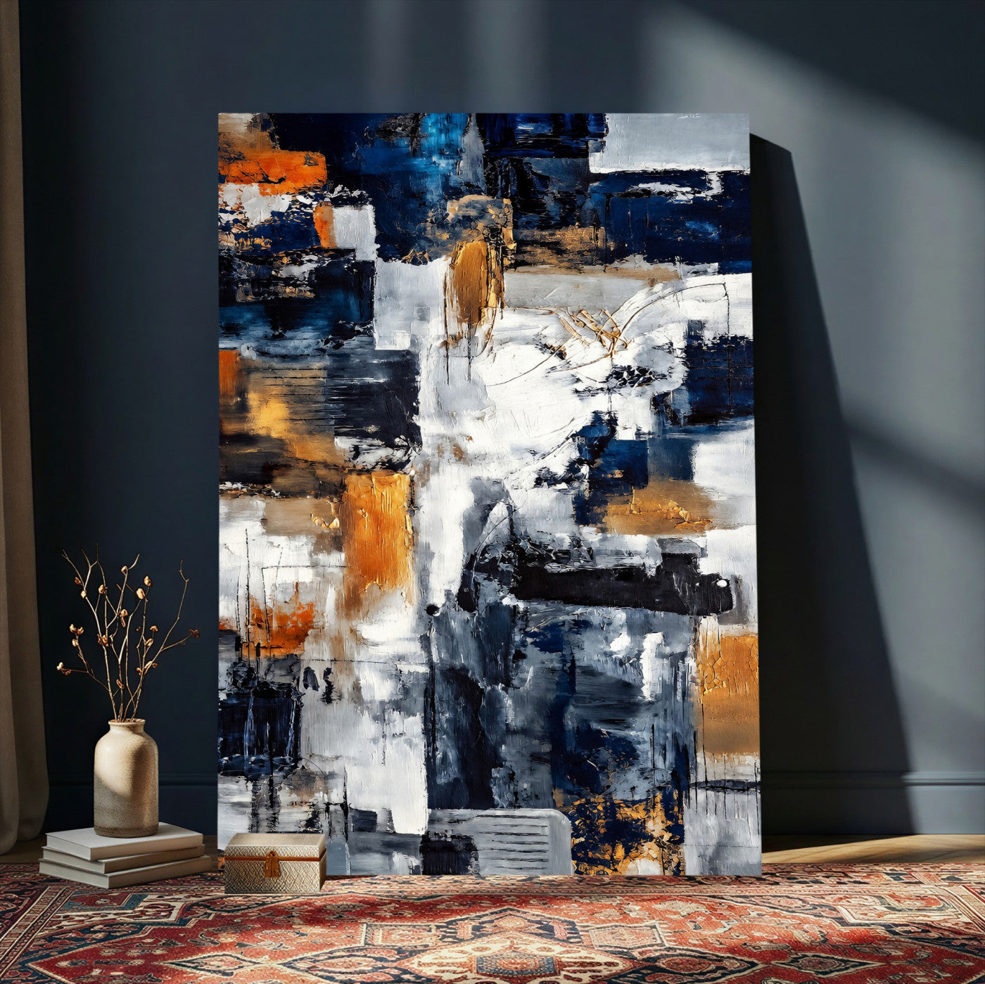 85264820-MGV-CV-24X36 - Blue Teal Abstract Canvas Wall Art - Modern Textured Painting Print, Navy Orange White Contemporary Art, Neutral Living Room Decor, Office Art