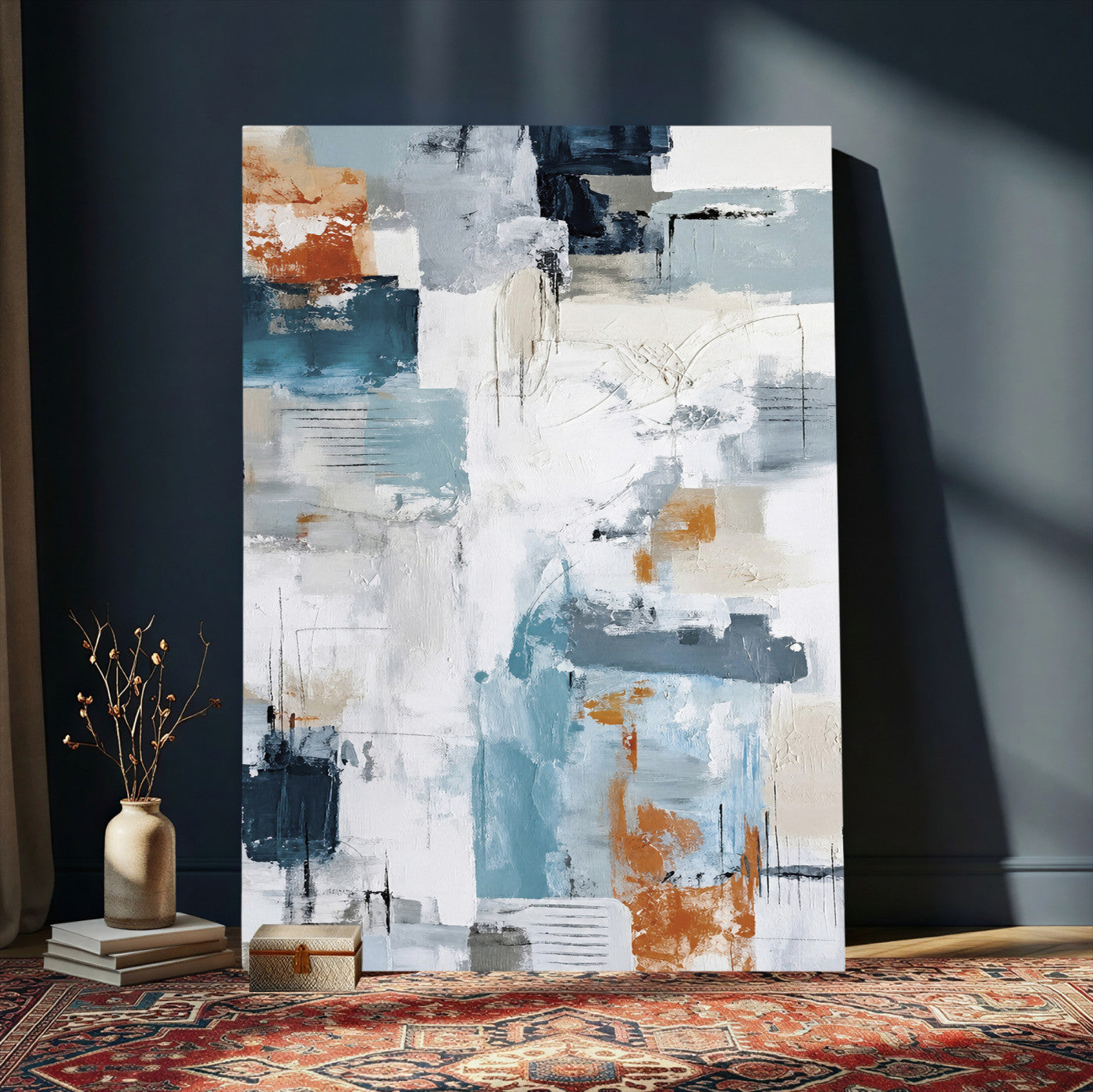 47011485-MGV-CV-24X36 - Blue Teal Abstract Canvas Wall Art, Modern Textured Painting Print, Navy Orange White Contemporary Art, Neutral Living Room Decor, Office Art