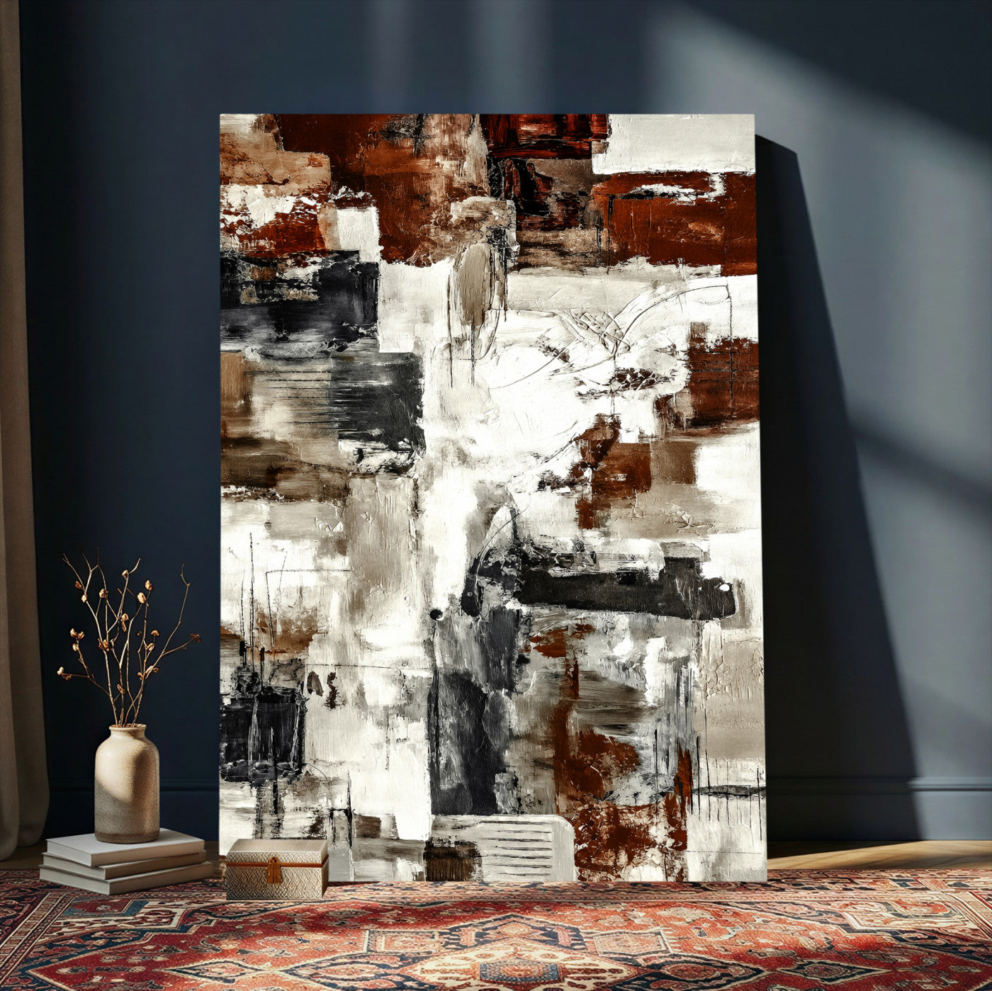 23953633-MGV-CV-24X36 - Blue Teal Abstract Canvas Wall Art, Modern Textured Painting Print, Navy Orange White Contemporary Art, Neutral Living Room Decor, Office Art