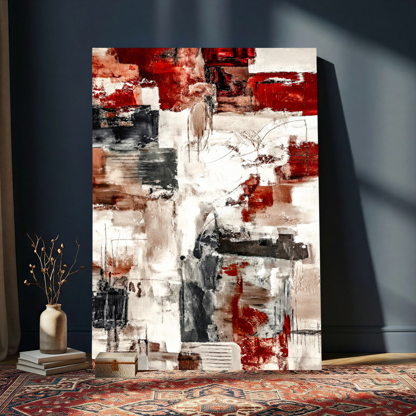 23953633-MGV-CV-24X36 - Blue Teal Abstract Canvas Wall Art | Modern Textured Painting Print, Navy Orange White Contemporary Art, Neutral Living Room Decor, Office Art