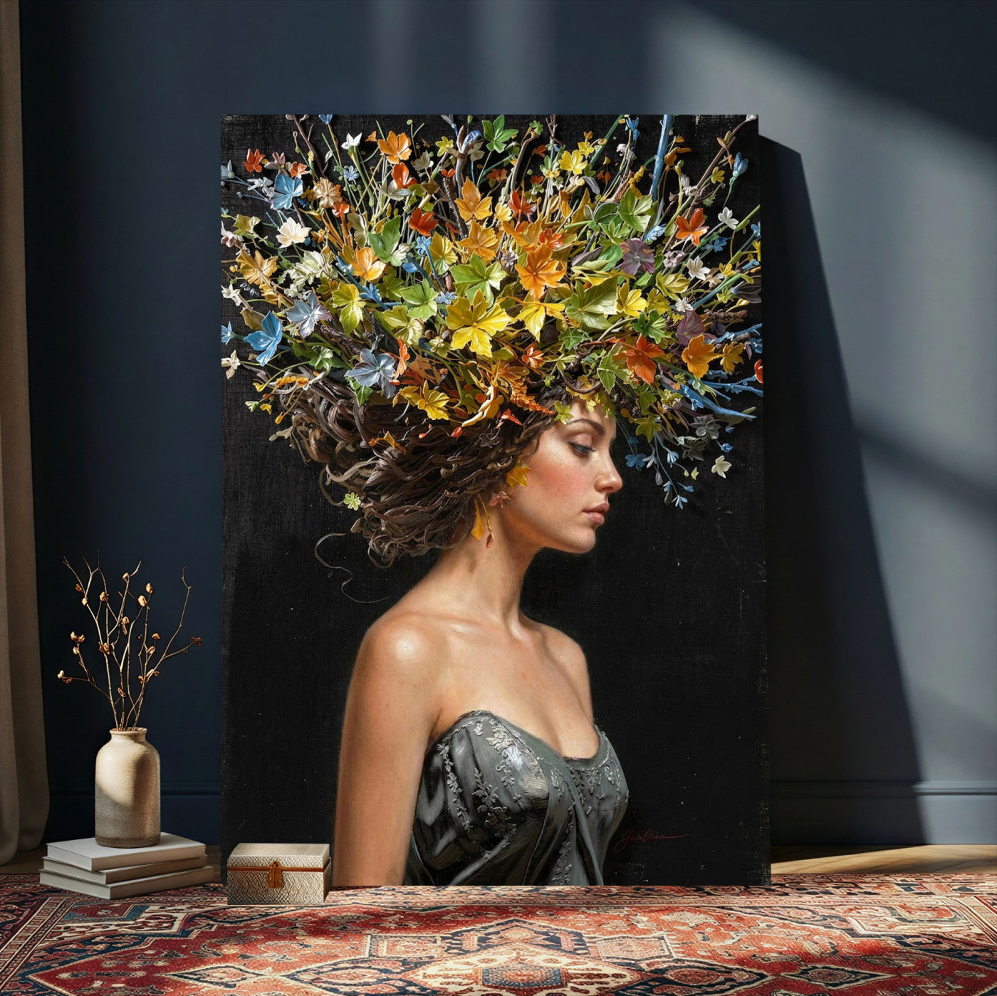 67932423-MGV-CV-24X36 - Surreal Woman Floral Canvas Wall Art Goddess Portrait Oil Painting Print
