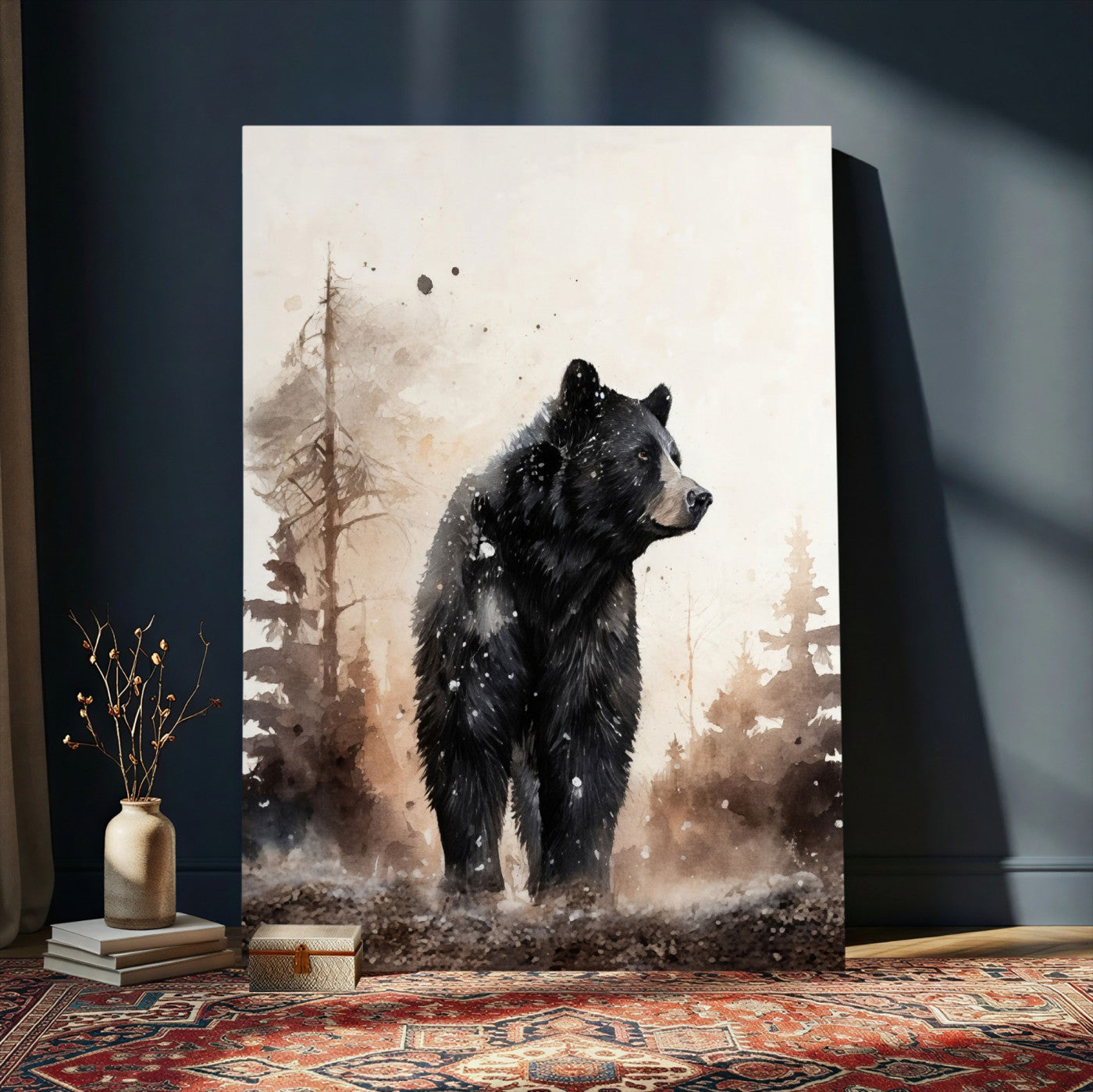 17399305-MGV-CV-24X36 - Black Bear Canvas Wall Art Winter Forest Watercolor Painting Print