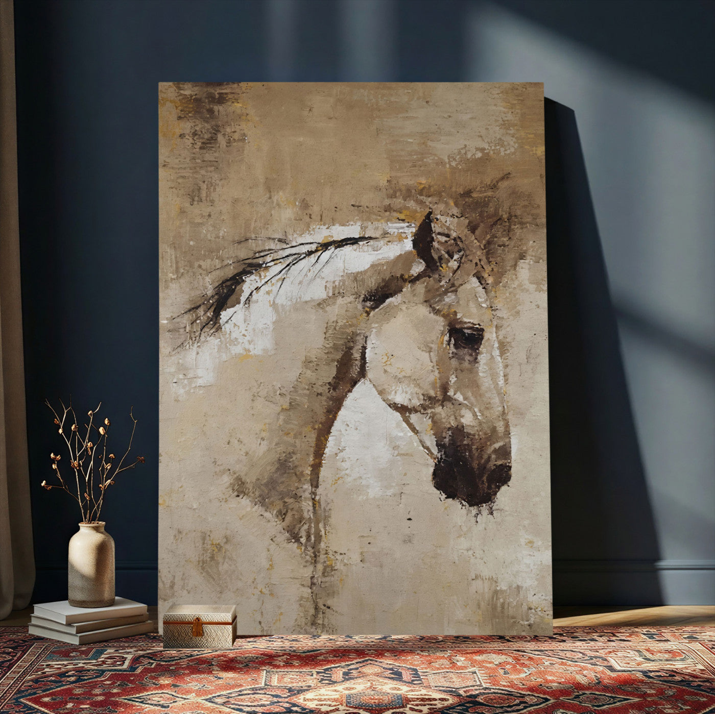 48488295-MGV-CV-24X36 - Rustic Horse Canvas Wall Art Neutral Tone Equestrian Oil Painting Print