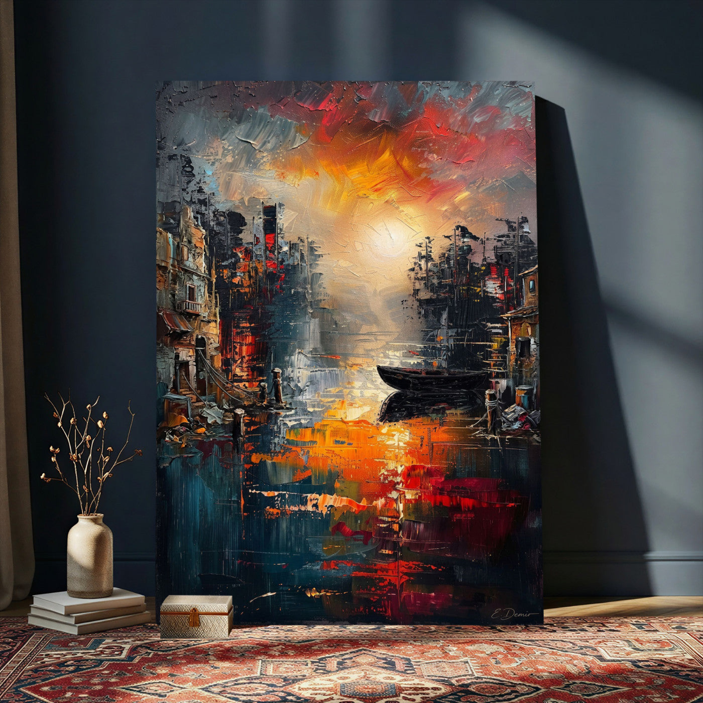 16611381-MGV-CV-24X36 - Vibrant Sunset Harbor Canvas Wall Art Abstract Cityscape Oil Painting Print