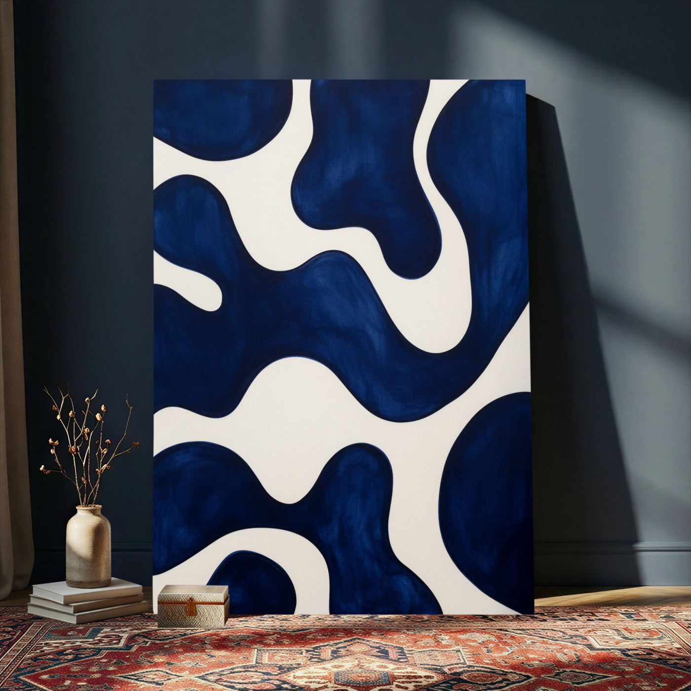 37225955-MGV-CV-24X36 - Minimalist Navy Blue Abstract Canvas Wall Art Organic Shapes Painting Print