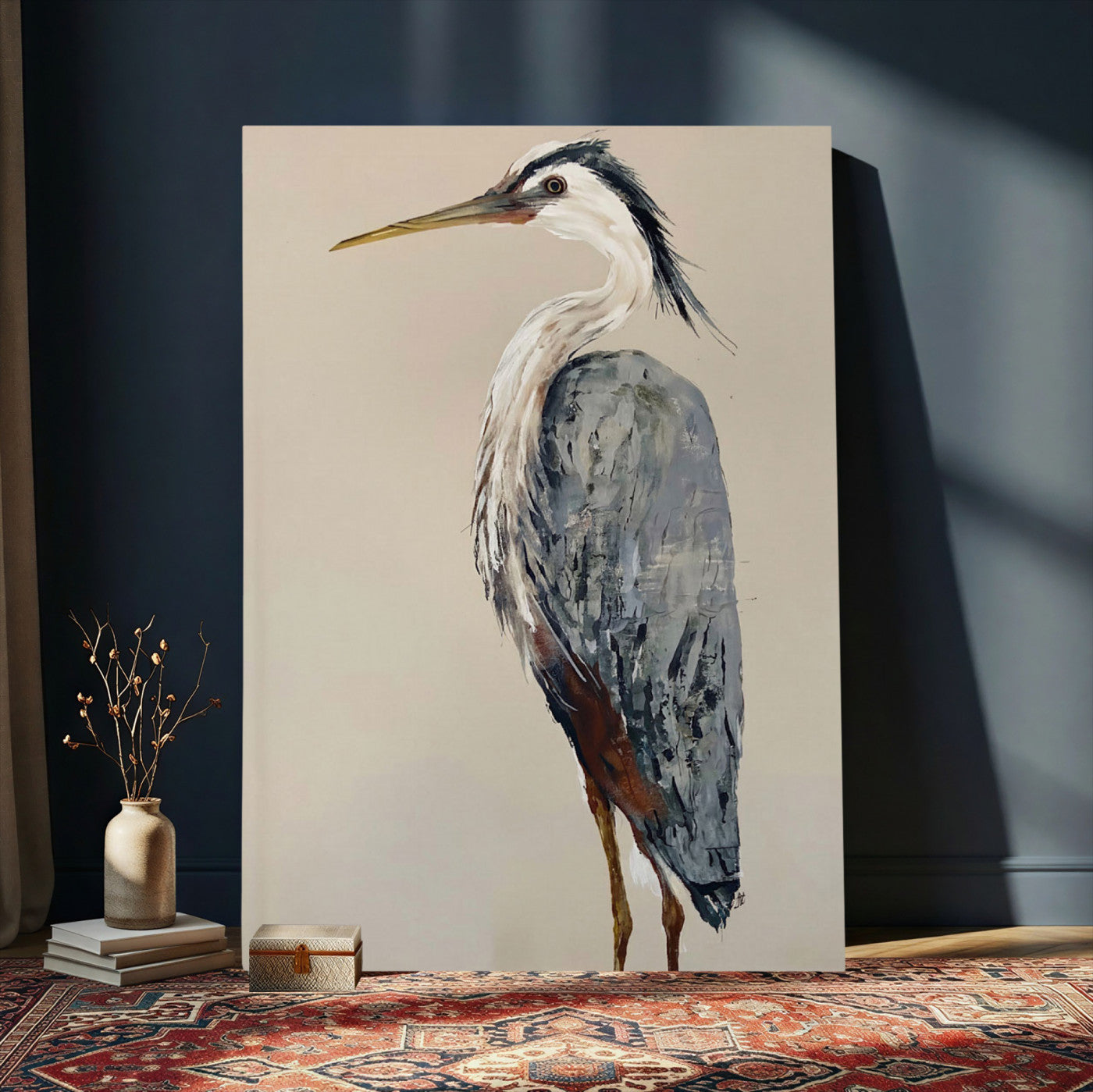80349996-MGV-TP-24X36 - Great Blue Heron Canvas Wall Art - Coastal Bird Oil Painting Print for Home Wall Decor