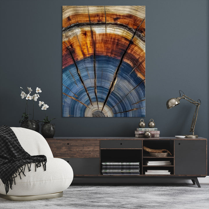 Tree Rings Wall Art Canvas Print, Framed Wood Texture Art Picture Print, Blue Grain Perfect Rustic Modern Decor Artwork