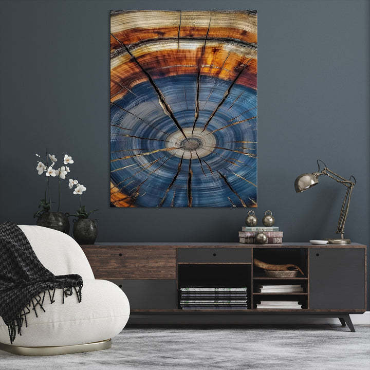 Tree Rings Wall Art Canvas Print, Framed Wood Texture Art Picture Print, Blue Grain Perfect Rustic Modern Decor Artwork, Wood Texture Wall Art Canvas