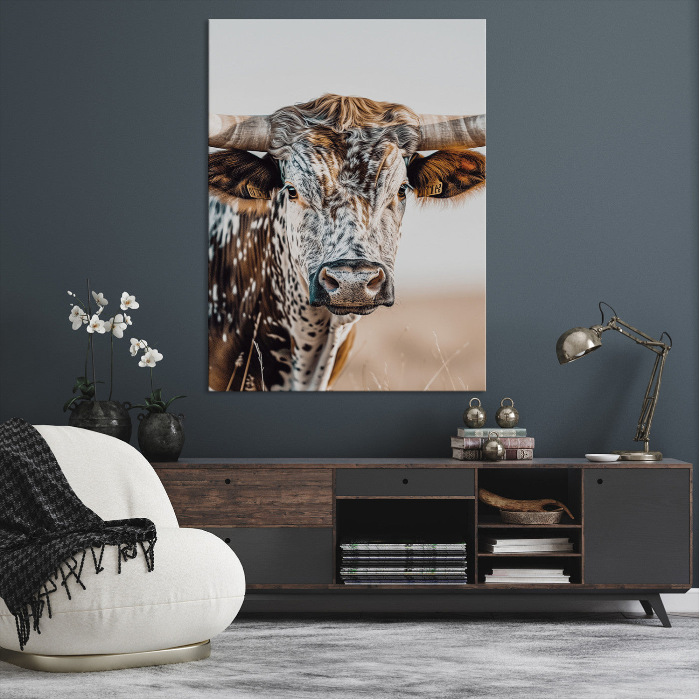 Texas Longhorn Wall Art Canvas Print, Framed Speckled Cow Art Picture Print, Horned Bull Perfect Rustic Western Decor, Texas Longhorn Canvas