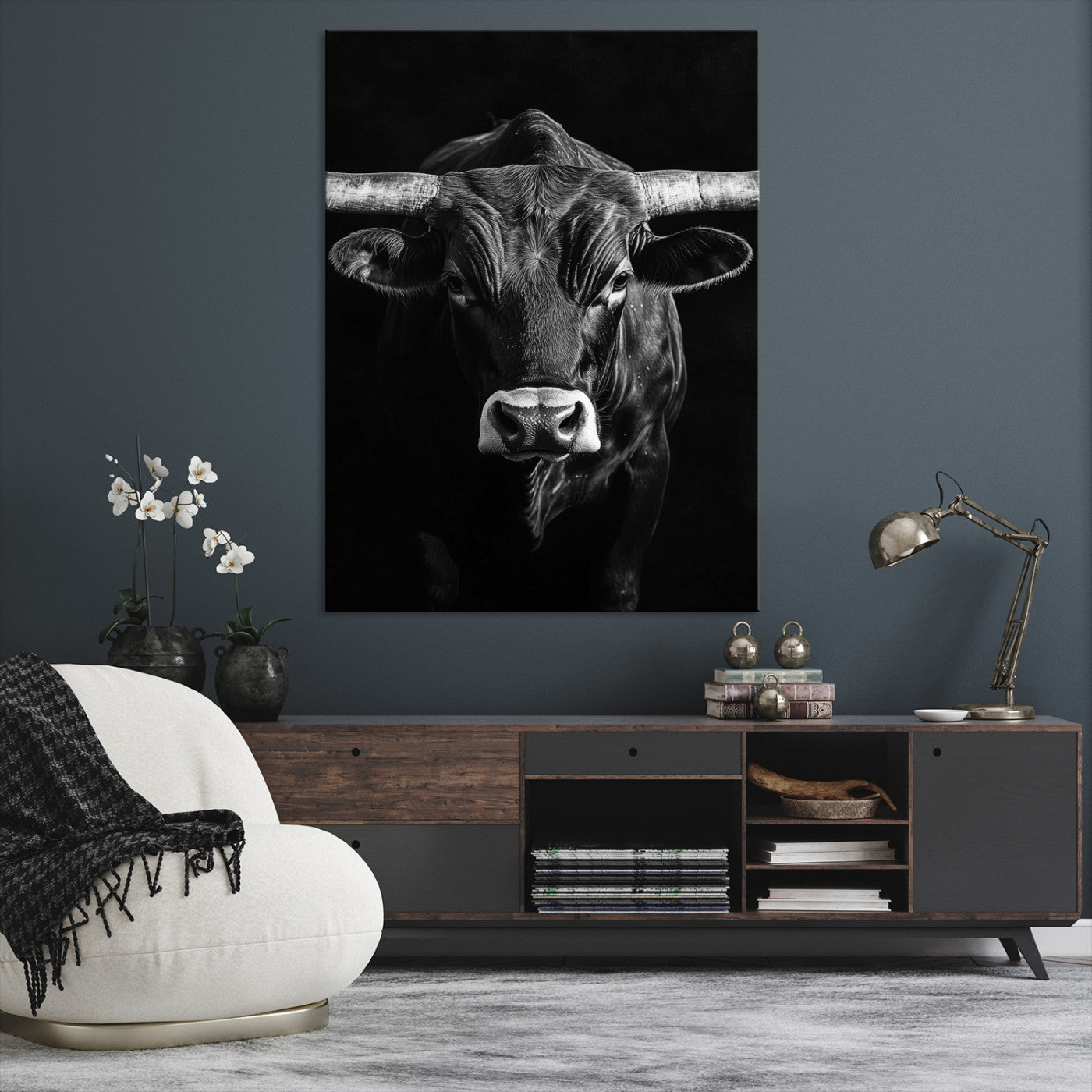 Texas Longhorn Wall Art Canvas Print, Framed Monochrome Bull Art Picture Print, Texas Bull Wall Art Canvas Print
