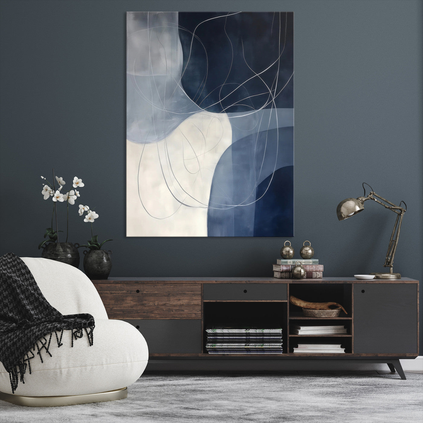 Navy Abstract Wall Art Canvas Print, Framed Minimal Lineart Art Picture Print, Abstract Shapes Perfect Minimalist Abstract Decor Artwork