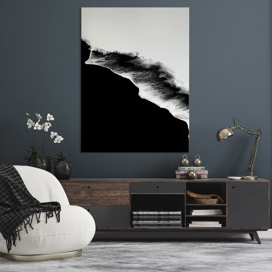 Ocean Wave Wall Art Canvas Print, Abstract Wave Print, Framed Monochrome Sea Art Print, Large Ink Wave Form Printing Perfect for Modern