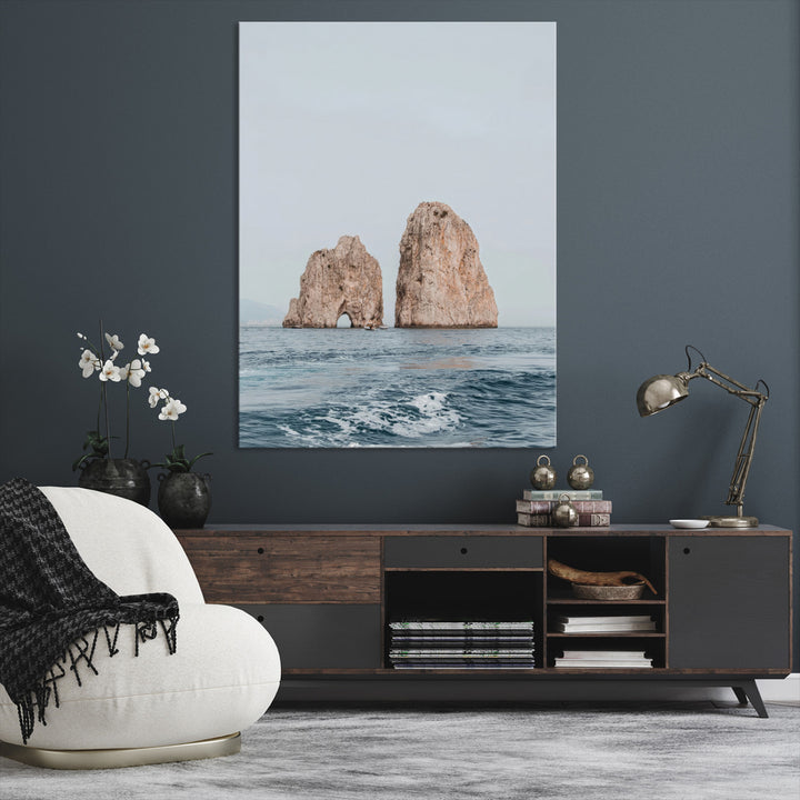 Faraglioni Capri Wall Art Canvas Print, Serene Ocean Print, Framed Mediterranean Coastal Art Print, Large Rocky Ocean Printing