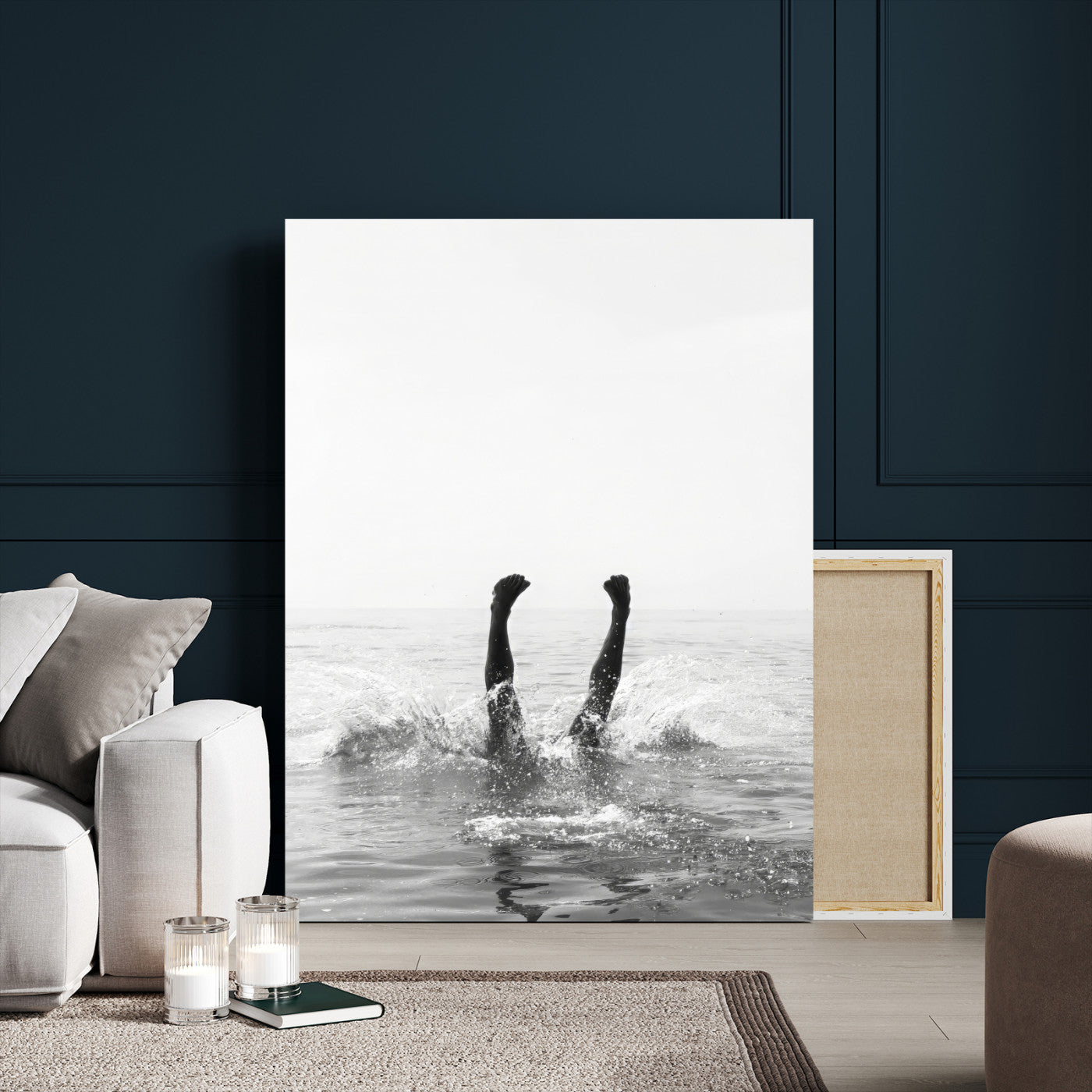 MGV-CV-24X36 - Minimal Ocean Wall Art Canvas Print, Framed Monochrome Diving Art Picture Print, Swimmer in Sea Perfect Minimalist Coastal Decor Artwork