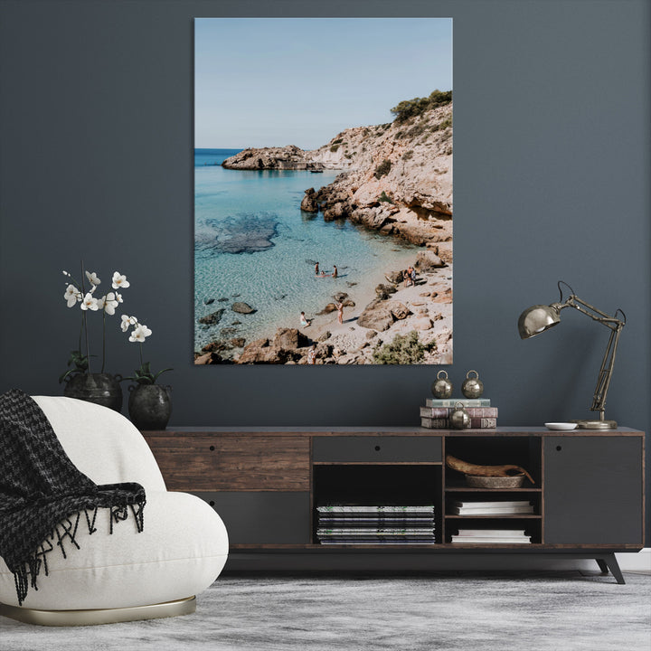 Turquoise Cove Wall Art Canvas Print, Ibiza Beach Print, Framed Mediterranean Shore Art Print, Large Clear Shoreline Printing Boho