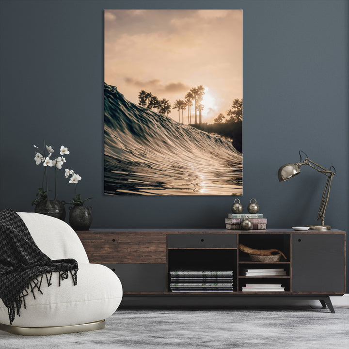 Golden Hour Ocean Wall Art Canvas Print, Tropical Beach Sunset Print, Framed Palm Tree Silhouettes Art Print, Large Warm Coastal