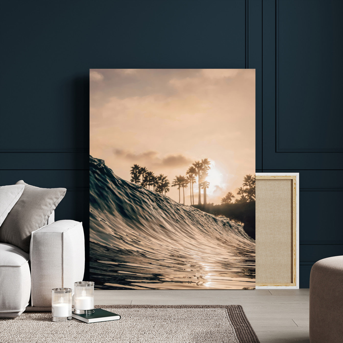 MGV-CV-24X36 - Golden Hour Ocean Wave Wall Art Canvas Print, Framed Tropical Beach Sunset Art Picture Print, Palm Tree Silhouettes Perfect Tropical Coastal Decor Artwork