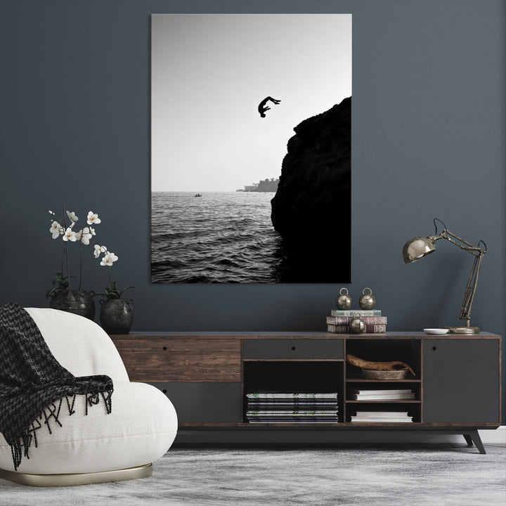 Cliff Jumping Wall Art Canvas Print, Black White Ocean Print, Framed Monochrome Cliff Dive Art Print, Large Coast Dive Printing,