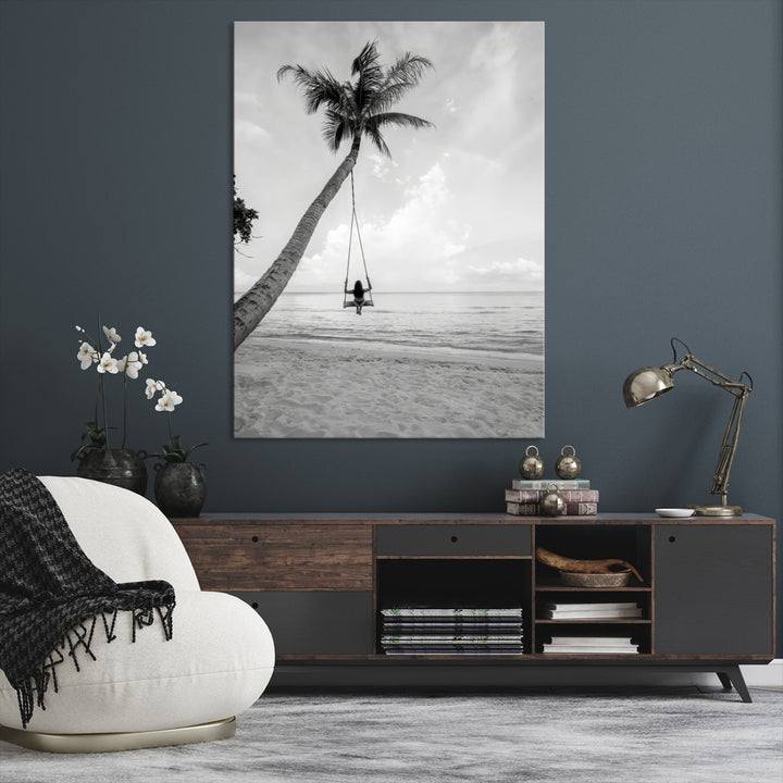 Black White Palm Tree Wall Art Canvas Print, Minimalist Beach Swing Print, Framed Monochrome Coastal Art Print, Large Tropical Ocean