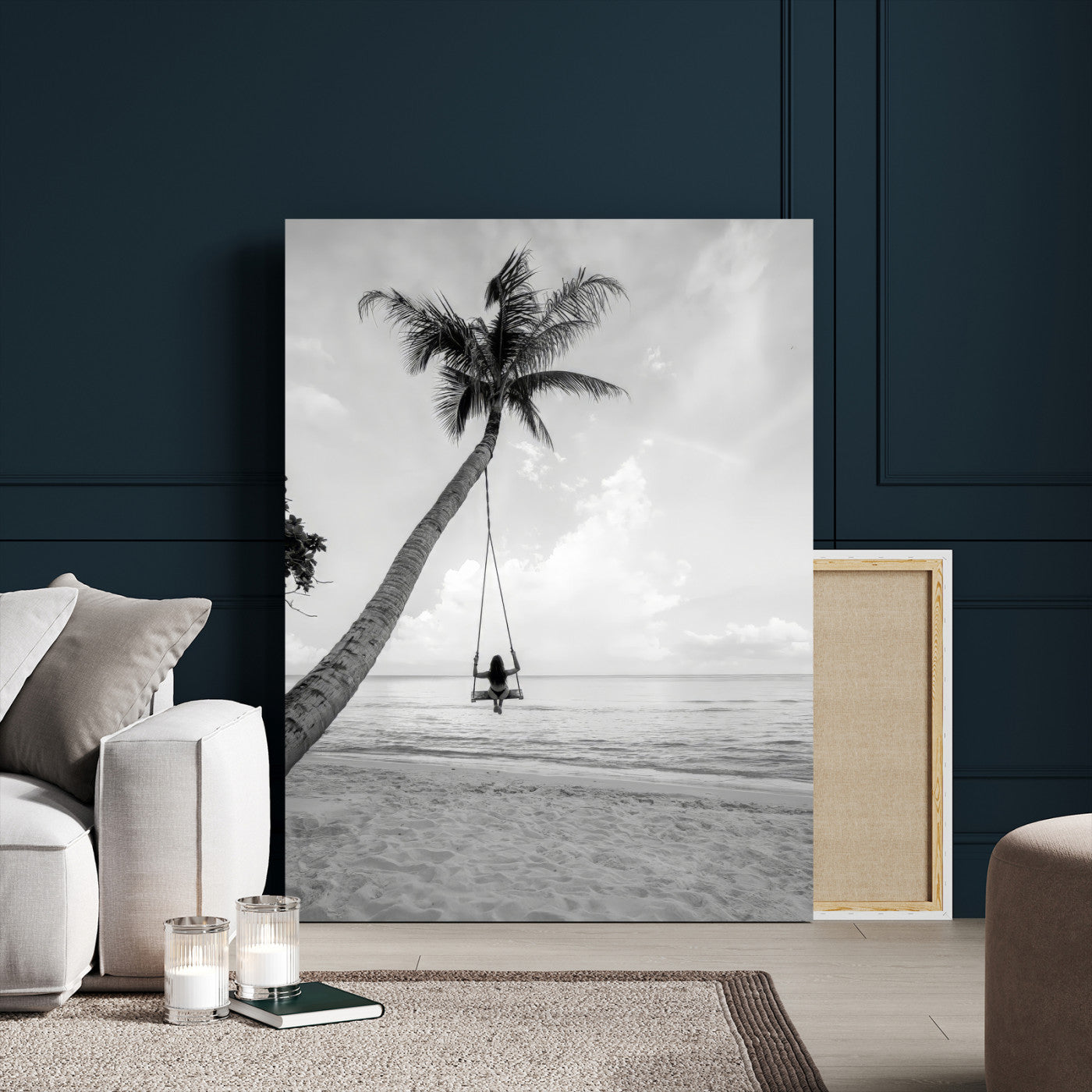 MGV-CV-24X36 - Black White Palm Tree Wall Art Canvas Print, Framed Minimalist Beach Swing Art Picture Print, Monochrome Coastal Perfect Minimalist Coastal Decor Artwork