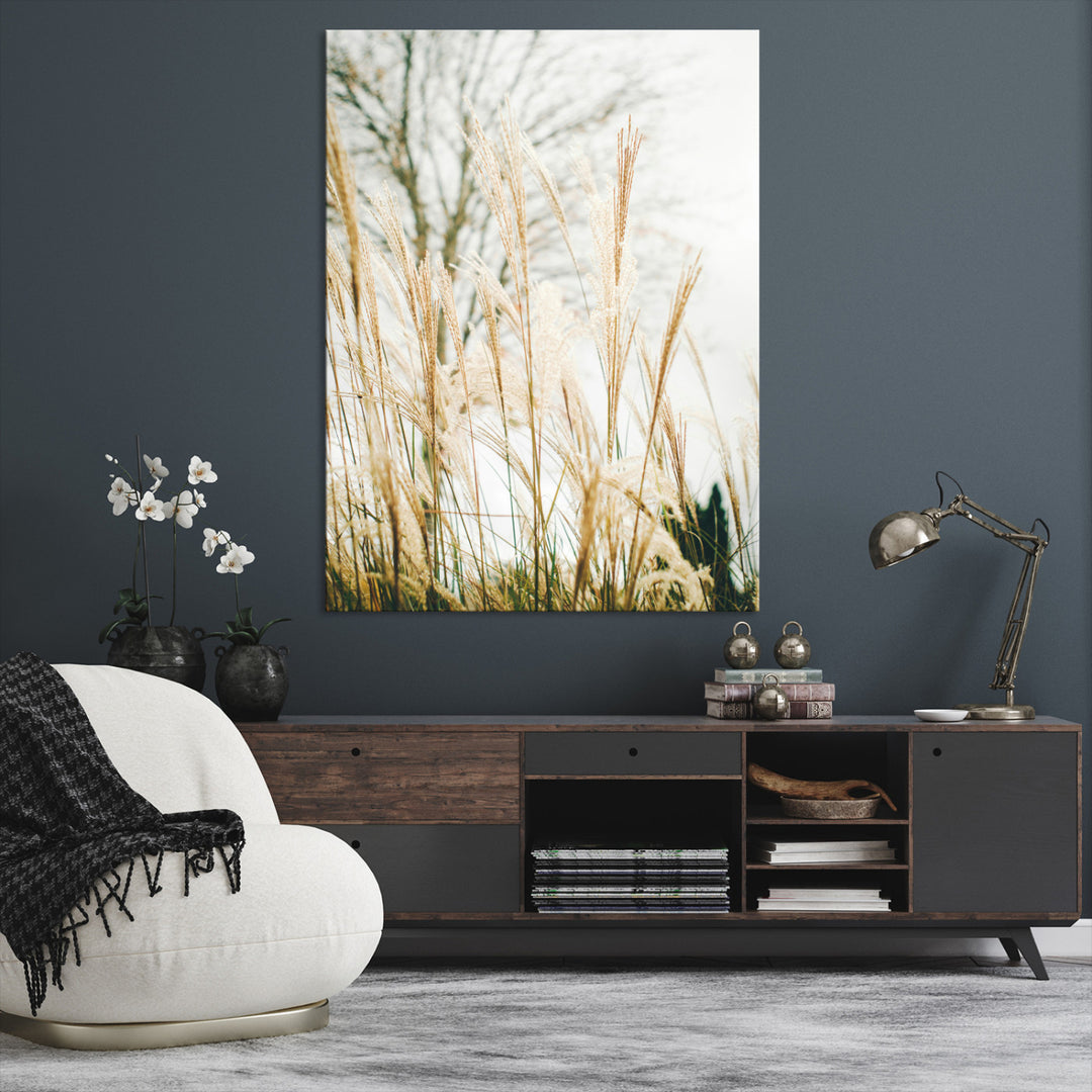 Pampas Grass Wall Art Canvas Print, Framed Neutral Tones Art Picture Print, Minimalist Nature Perfect Boho Minimalist Decor Artwork