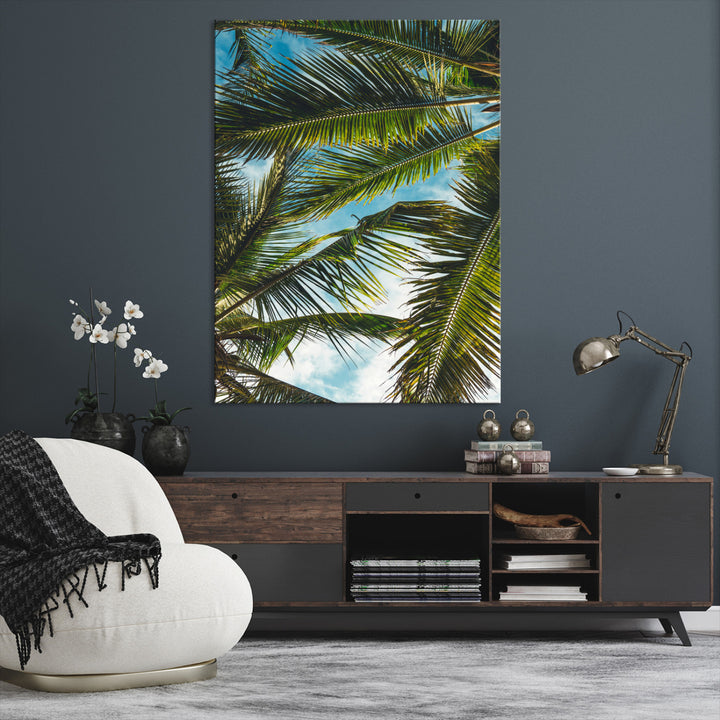 Palm Leaves Wall Art Canvas Print, Framed Tropical Vibes Art Picture Print, Green Foliage Perfect Tropical Boho Decor Artwork