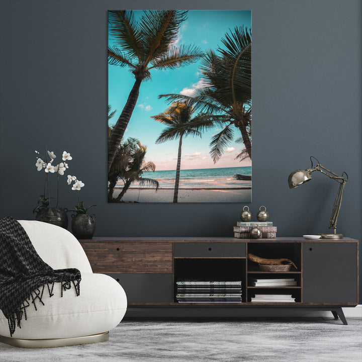 Palm Trees Wall Art Canvas Print, Framed Tropical Beach Art Picture Print, Ocean Breeze Perfect Tropical Coastal Decor Artwork