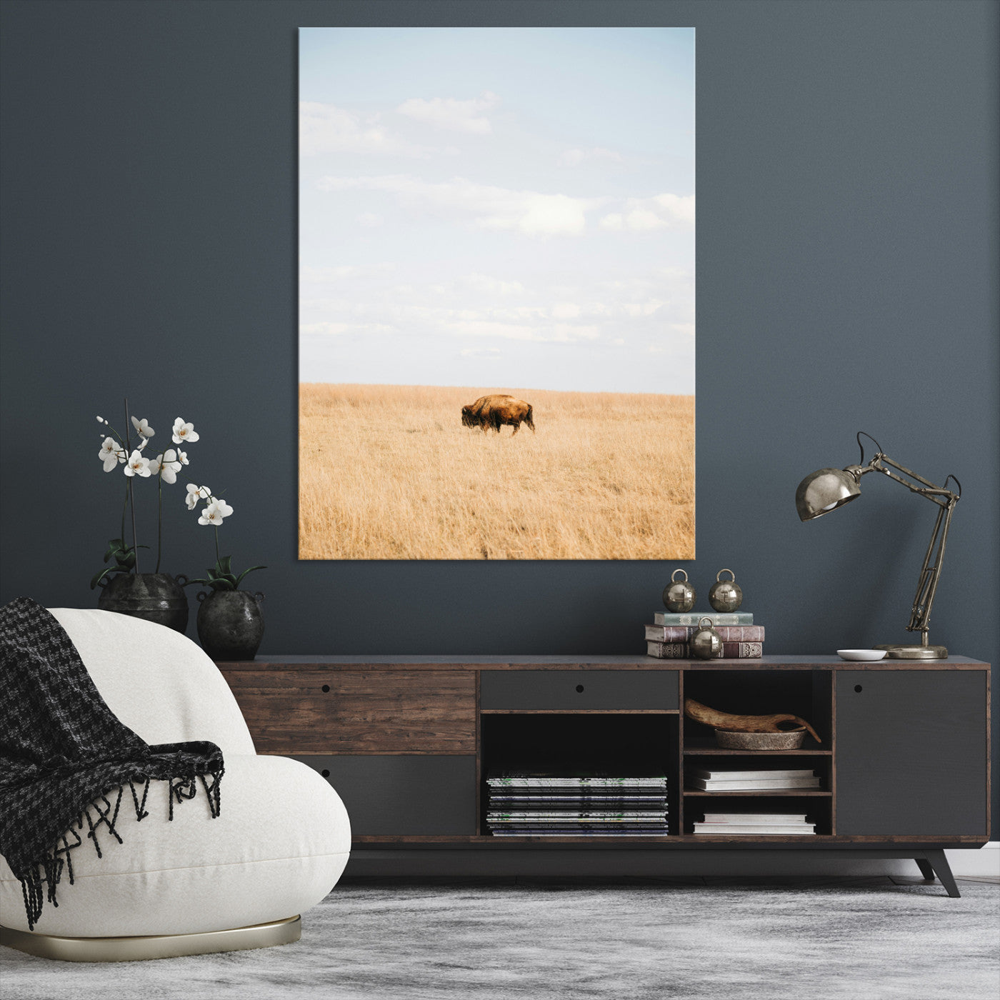 Minimalist Nature Wall Art Canvas Print, Framed Bison In Grassland Art Print, Open Field Perfect Modern Ranch Decor Decor Artwork