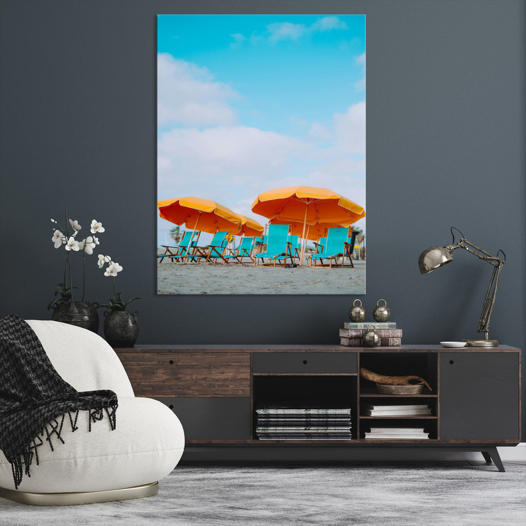 Beach Umbrellas Wall Art Canvas Print, Framed Coastal Vibes Art Picture Print, Tropical Paradise Perfect Coastal Boho Decor Artwork