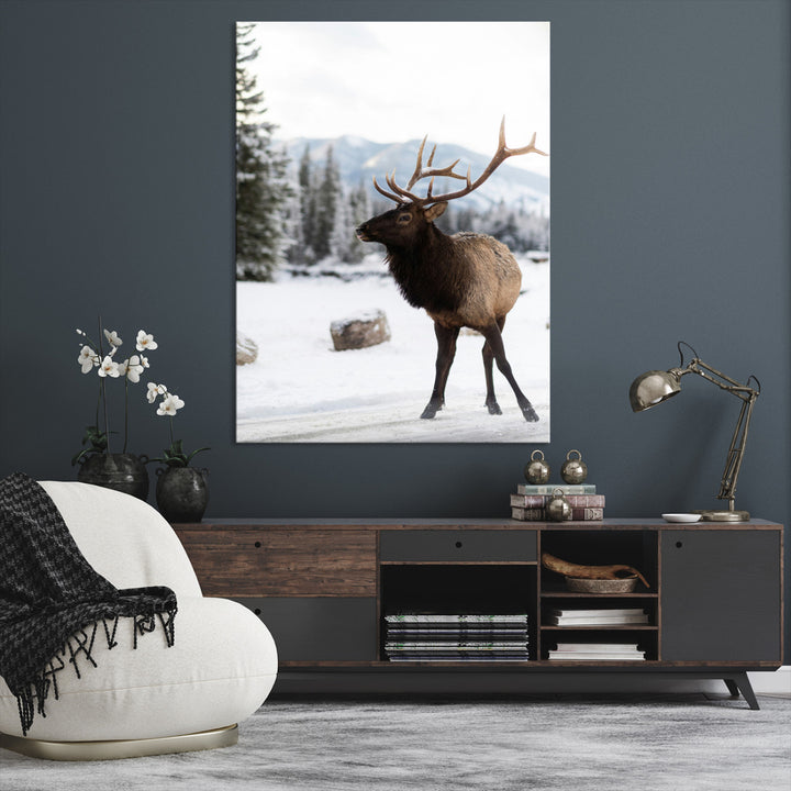 Elk Photography Wall Art Canvas Print, Framed Winter Wildlife Art Picture Print, Snowy Mountains Perfect Rustic Cabin Decor Decor Artwork