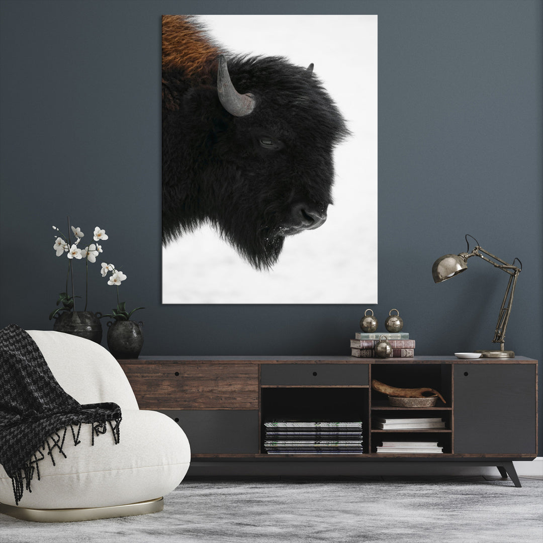 Western Rustic Wall Art Canvas Print, Framed Buffalo Photography Art Picture Print, Black and White Wildlife Perfect Modern Ranch Decor