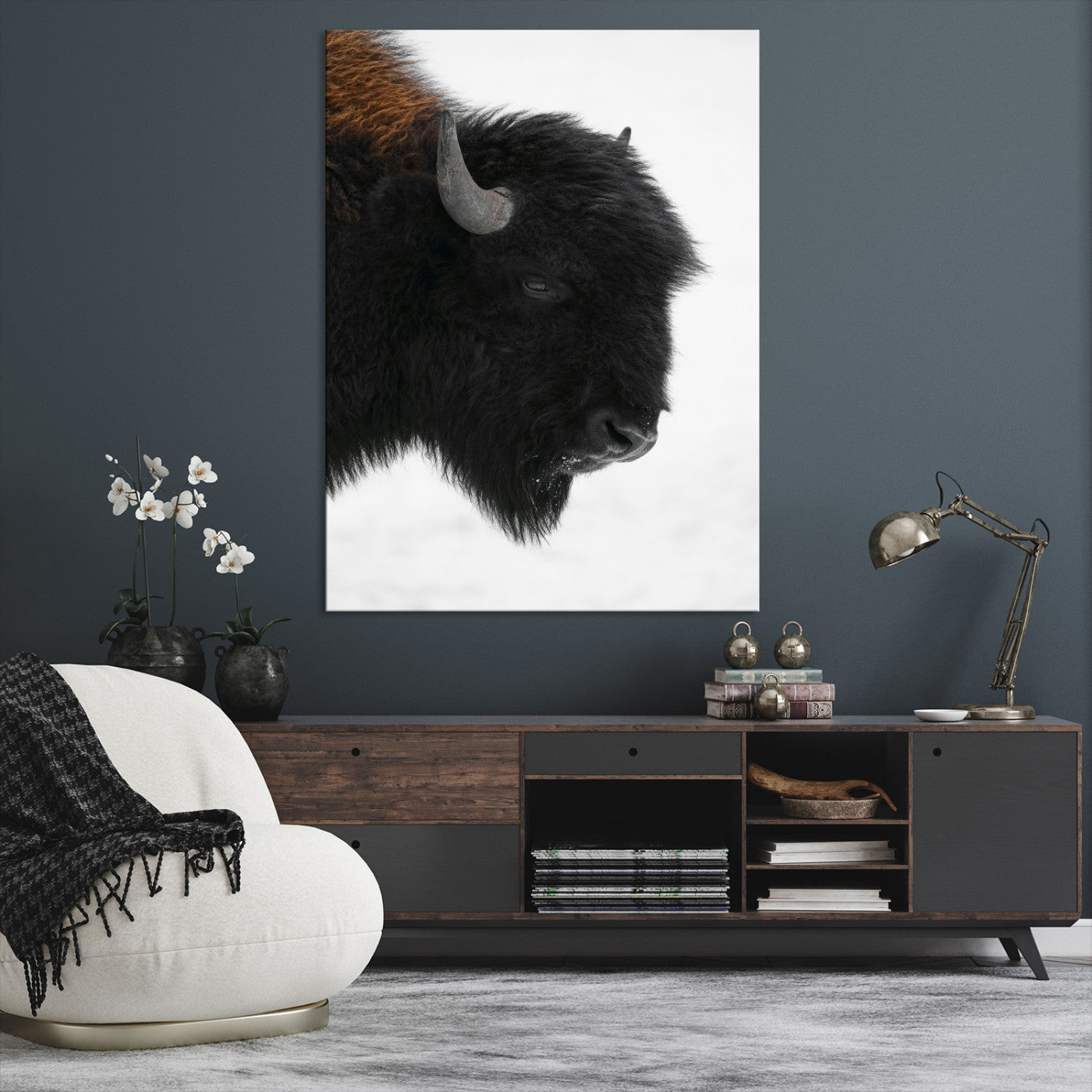 Western Rustic Wall Art Canvas Print, Framed Buffalo Photography Art Picture Print, Black and White Wildlife Perfect Modern Ranch Decor