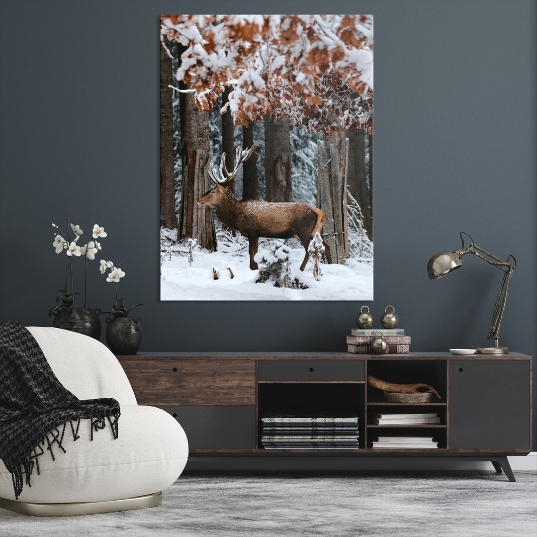 Serene Landscape Wall Art Canvas Print, Framed Winter Wonderland Art Picture Print, Winter Deer Canvas Perfect Rustic Cabin Decor Artwork