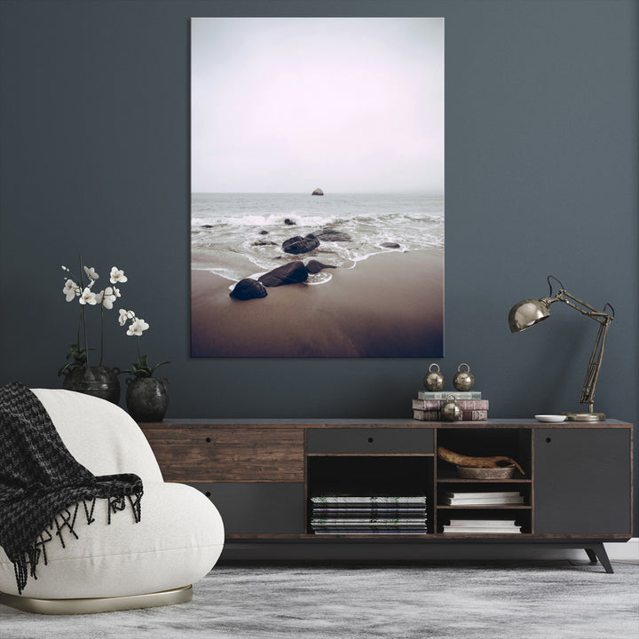 Moody Seascape Wall Art Canvas Print, Framed Neutral Beach Art Picture Print, Foggy Ocean Perfect Minimalist Decor Artwork