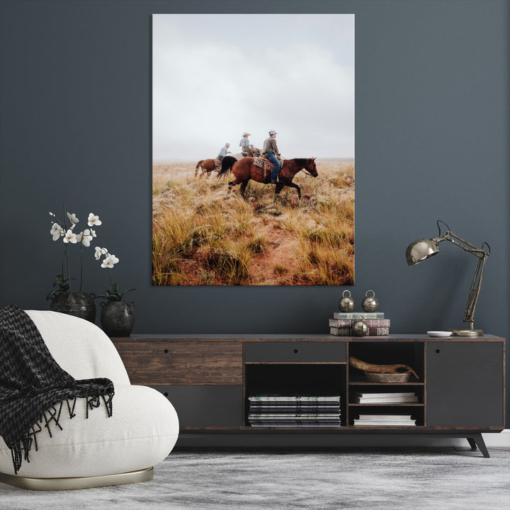 Golden Grassland Wall Art Canvas Print, Framed Western Frontier Mood Art Picture Print, Open Range Riders Perfect Rustic Western Decor