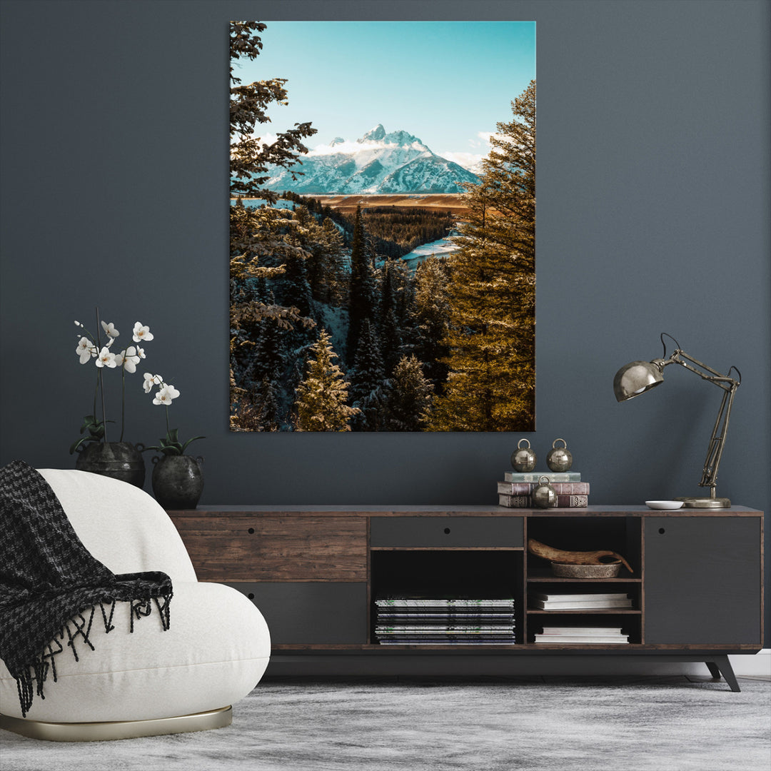 Mountain Landscape Wall Art Canvas Print, Framed Snowy Peaks Art Picture Print, Nature Photography Perfect Rustic Lodge Decor Artwork