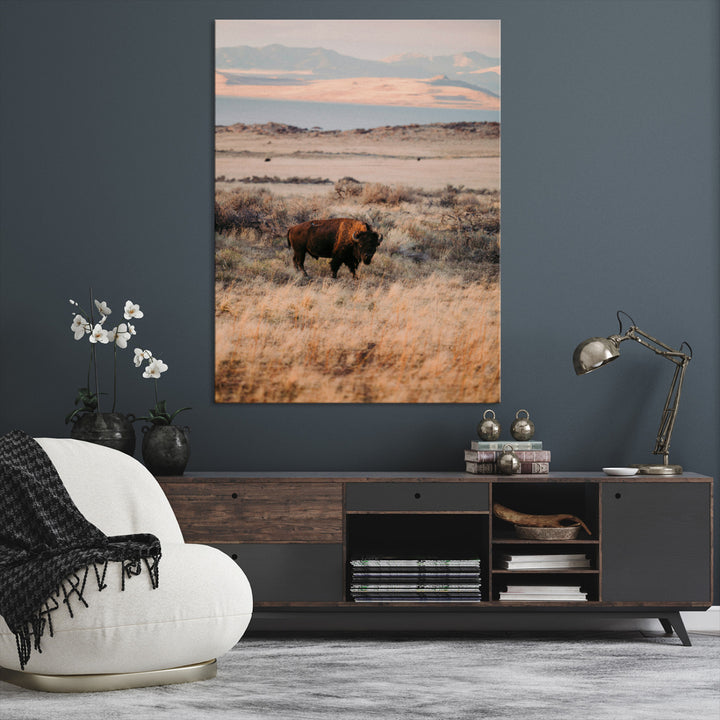 Solitary Buffalo Wall Art Canvas Print, Framed Golden Prairie Art Picture Print, Earthy Tones Perfect Rustic Western Decor Artwork