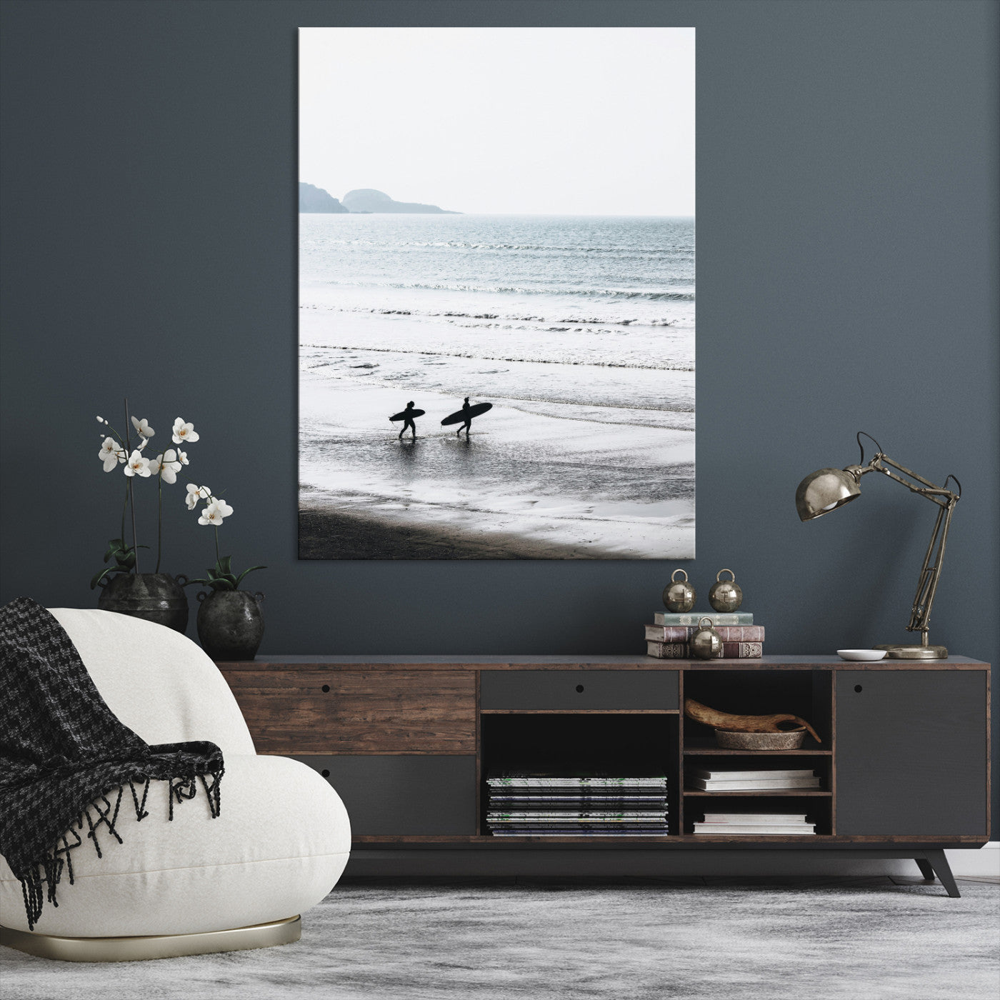 Surfer Silhouettes Wall Art Canvas Print, Framed Minimalist Ocean Art Picture Print
