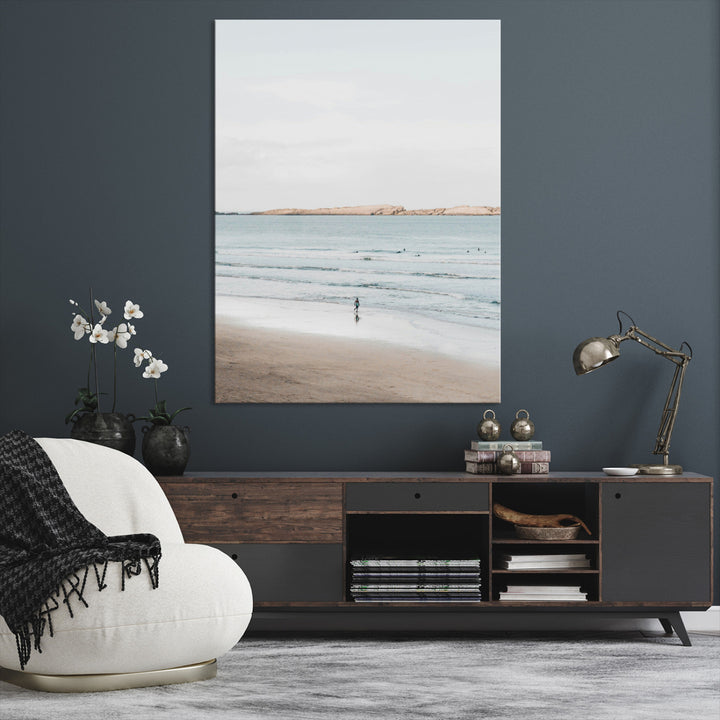 Minimalist Beach Art Canvas Print, Soft Blue Tones Print, Framed Tranquil Ocean Art Print, Large Calm Horizon Printing Coastal,