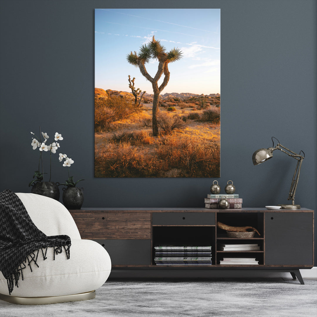 Framed Joshua Tree Print, Golden Hour Desert Print, Framed Sunset Glow Art Print, Large Arid Terrain Printing Southwestern