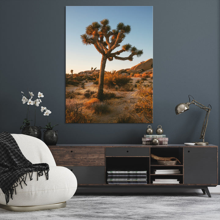 Joshua Tree Artwork Canvas Print, Desert Sunset Print, Framed Golden Hour Light Art Print, Large Southwestern Landscape Printing, Framed