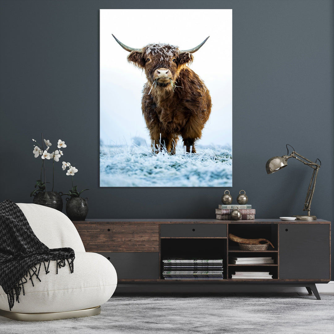 Highland Cow Canvas Print, Frosty Grass Print, Framed Winter Scene Art Print, Large Horned Animal Printing Rustic Farmhouse,