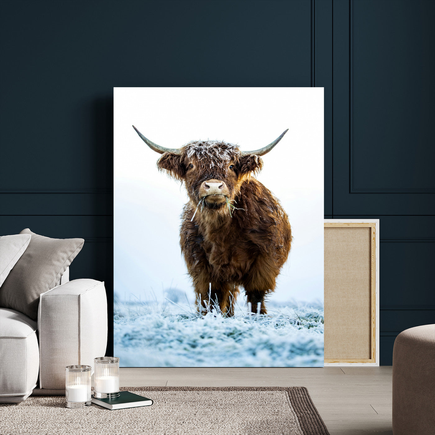 MGV-CV-24X36 - Highland Cow Wall Art Canvas Print, Framed Frosty Grass Art Picture Print, Winter Scene Perfect Rustic Farmhouse Decor Artwork