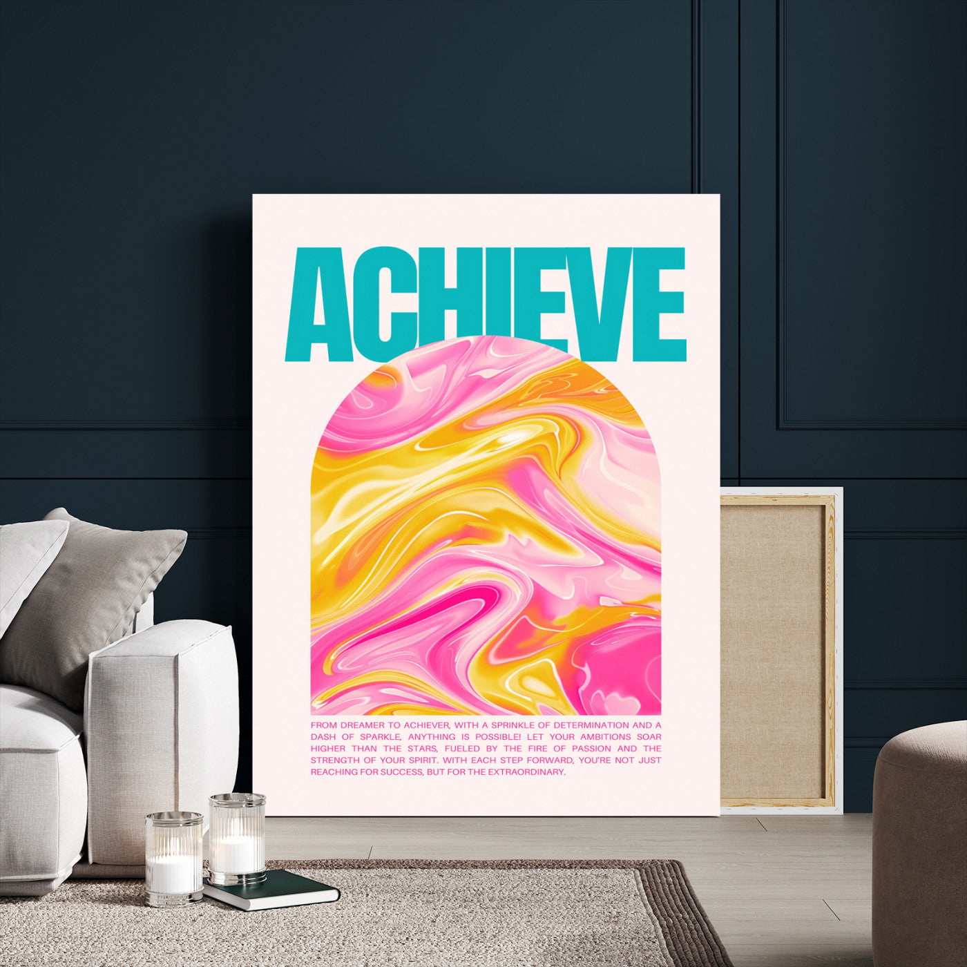 MGV-CV-24X36 - Achieve Motivational Poster Canvas Wall Art – Inspirational Abstract Pink & Yellow Swirls, Positive Quote Decor for Office, Home