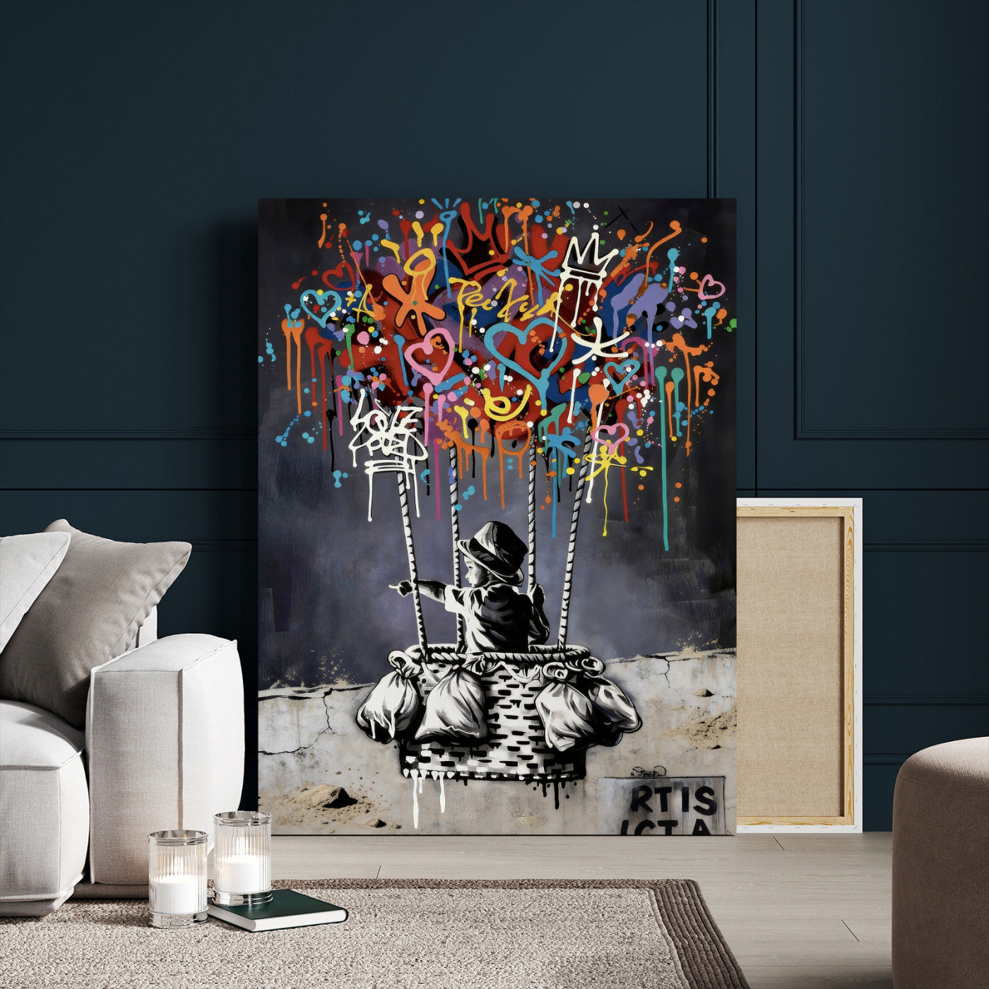 56325542-MGV-CV-24X36 - Banksy Inspired Boy Swing Wall Art Canvas Print, Graffiti Balloon Hearts Street Art, Colorful Urban Mural Artwork for Modern Living Room Decor