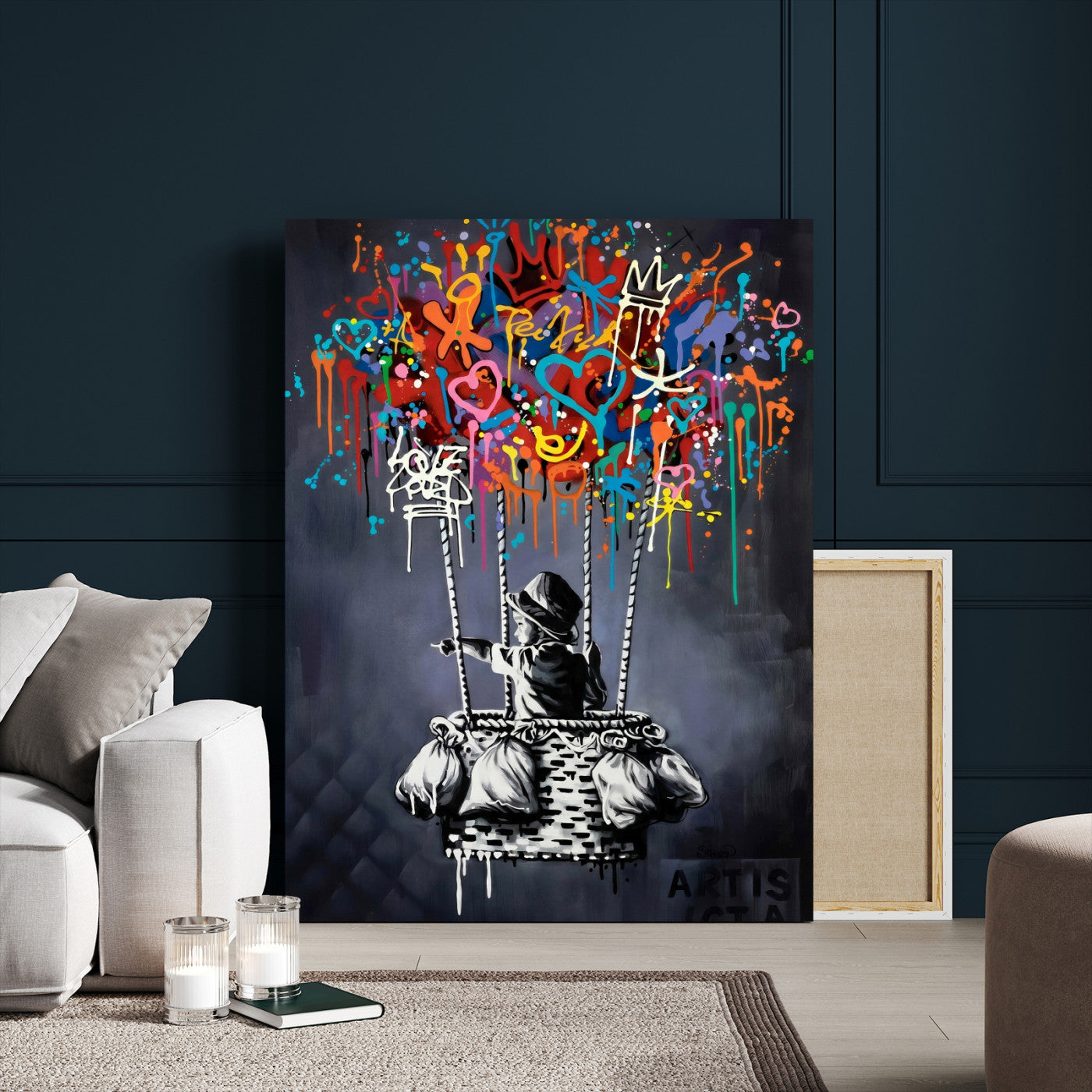 87352999-MGV-CV-24X36 - Banksy Inspired Boy Swing Wall Art Canvas Print, Graffiti Balloon Hearts Street Art, Colorful Urban Mural Artwork for Modern Living Room Decor