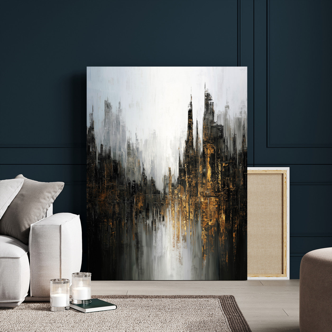 39629486-MGV-CV-24X36 - Abstract Urban Reflection Wall Art Canvas Print, Gold Black Modern Architecture Canvas Print, Contemporary Moody City Artwork for Living Room Decor