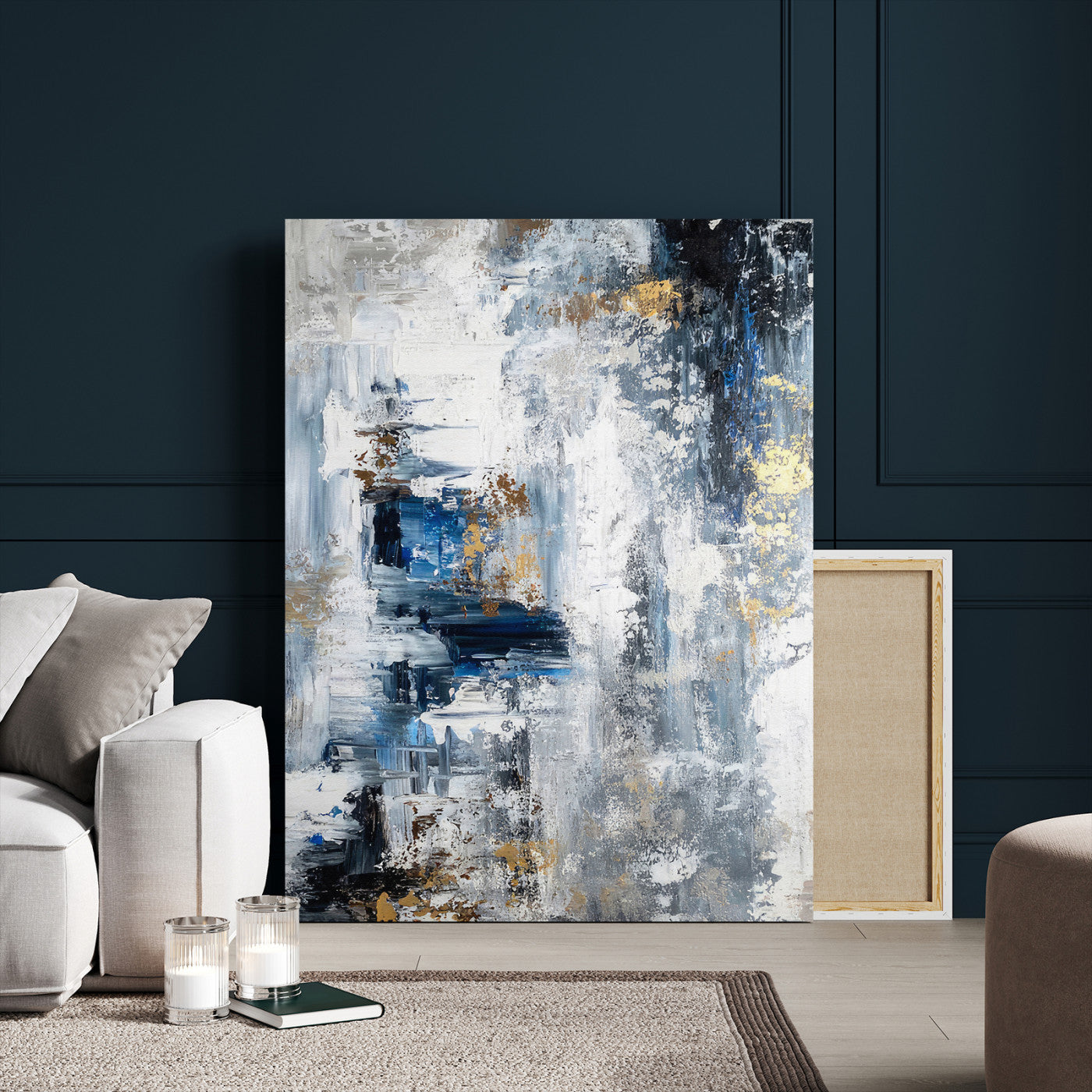 3962948988-MGV-CV-24X36 - Blue Abstract Wall Art Canvas Print, Gold Black Modern Architecture Canvas Print, Contemporary Moody City Artwork for Living Room Decor