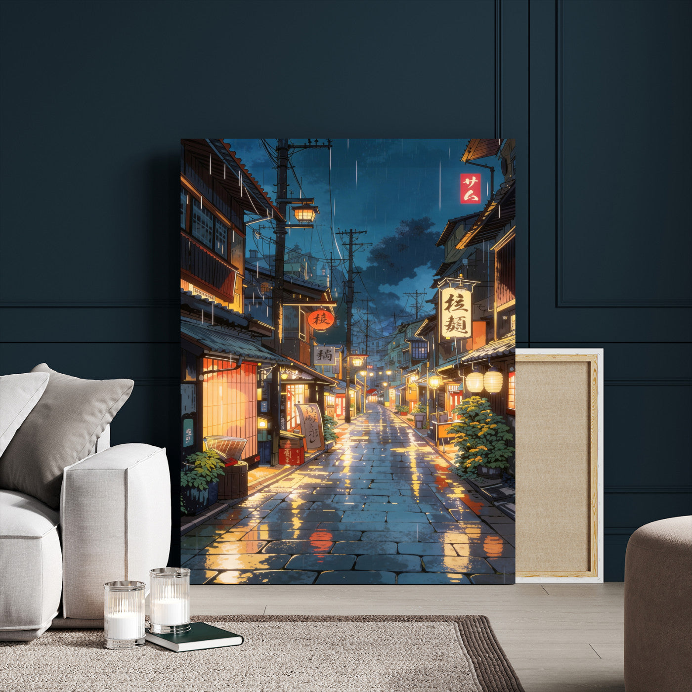 4712069J1-MGV-CV-24X36 - Tokyo Tea House Canvas Wall Art — Japan Rainy Night Street Print | Anime Style Decor | Japanese Tea House Art | Tokyo City Gift