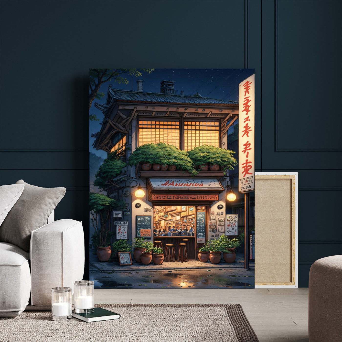 4712069TE1-MGV-CV-24X36 - Evening at the Ramen Shop Canvas Wall Art — Japan Night Anime Print | Japanese Restaurant Decor | Lofi Wall Art | Ramen Lover Gift